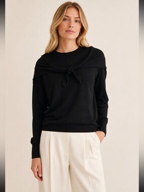 Club Monaco Black Merino Wool Crewneck Knit Sweater with Shoulder Tie